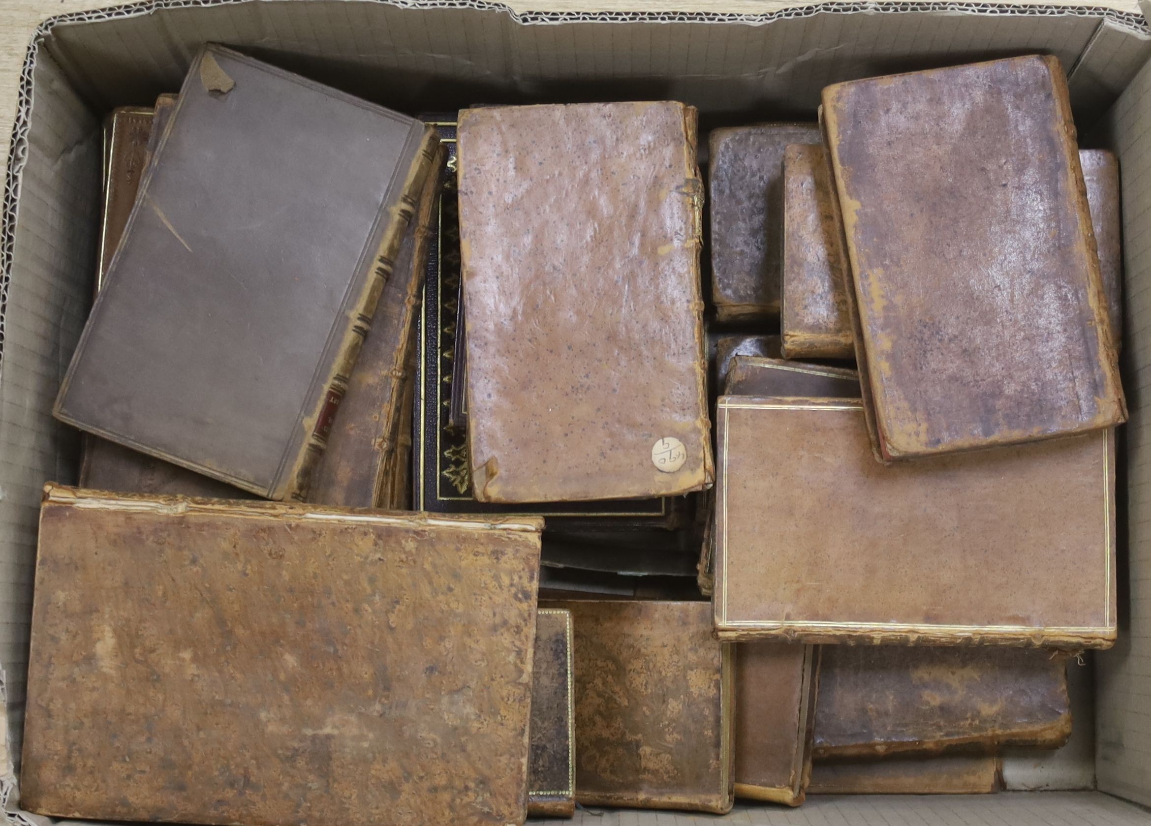 Old Leather - mainly literature, 17th - 19th century, includes Menage's Menagiana, ou Bon Mots....(Amsterdam, 1693); Rethima, ou La Belle Georgienne (Amsterdam, 1736); and 22 others, sold as found